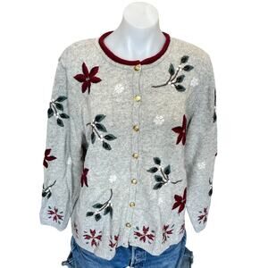 Christmas Poinsettia Sweater SIZE 1X  Embroidered Oversized Cardigan Vintage 80s